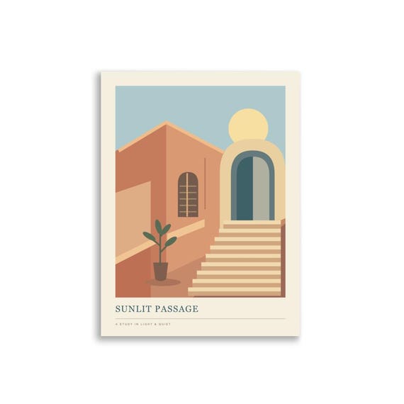 Mediterranean Architecture Poster, Terracotta Staircase Wall Art, Sunlit Passage Print, 30x40 cm Housewarming Gift