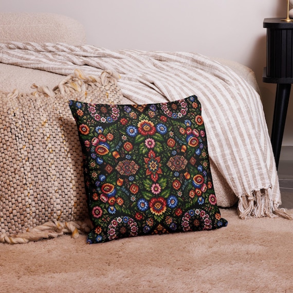 Colorful Folk Floral Pillow Case For Black Decorative Cushion Cover