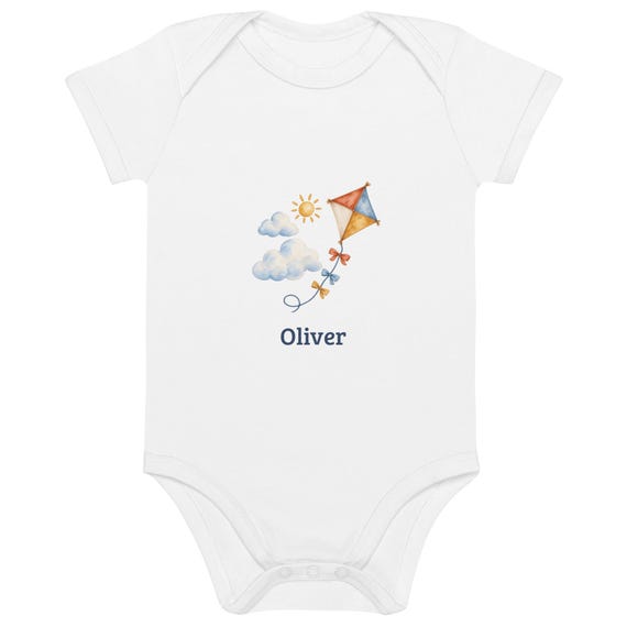 Personalized Baby Bodysuit, Watercolor Kite & Name, Organic Cotton (3-18 Months)
