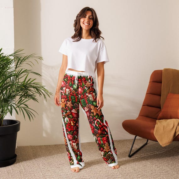 Festive Christmas Pajama Pants, Candy Cane Gingerbread Design, Cozy Lounge Wear