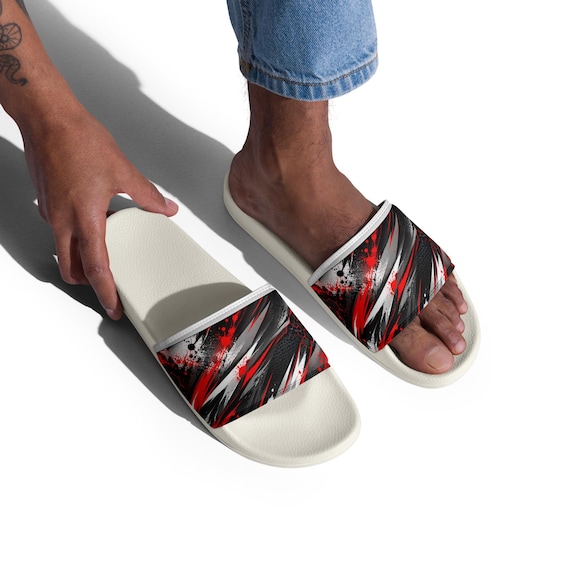 Men's Abstract Graphic Slides, Red Black Streetwear Sandals (Summer Beach)