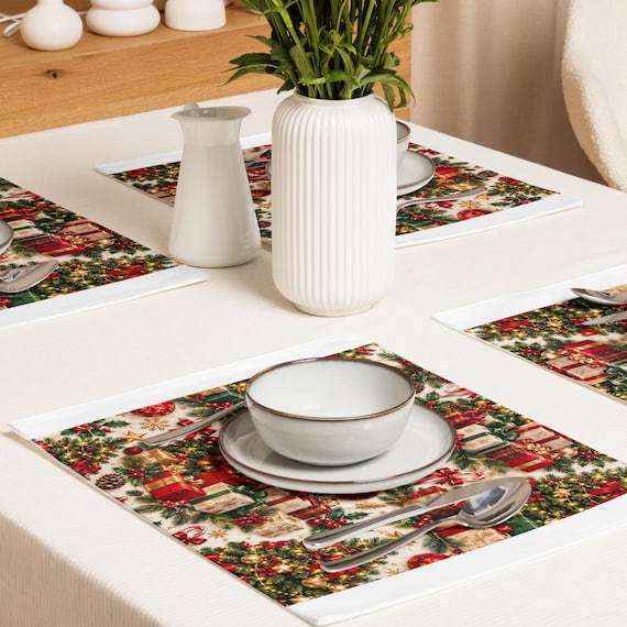 Christmas Floral Placemats Set of 4, Red Green Holiday Table Mats, 18 x 14