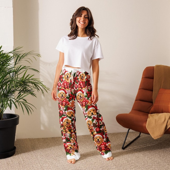 Golden Retriever Christmas Pajama Pants, Festive Holiday Loungewear (100% Polyester)