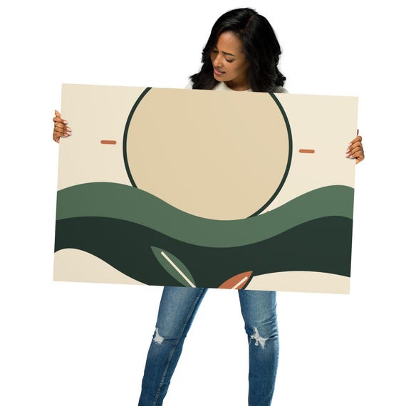 Abstract Sun and Green Hills Poster, Minimalist Landscape Wall Art, Unframed Matte Print