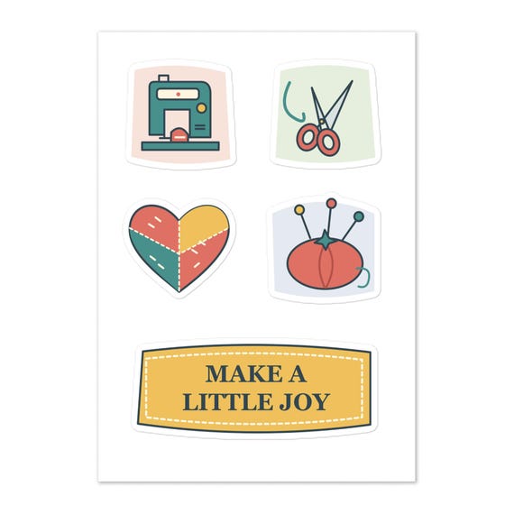 Sewing Machine, Scissors, Patchwork Heart, Pincushion Stickers (5 Designs)