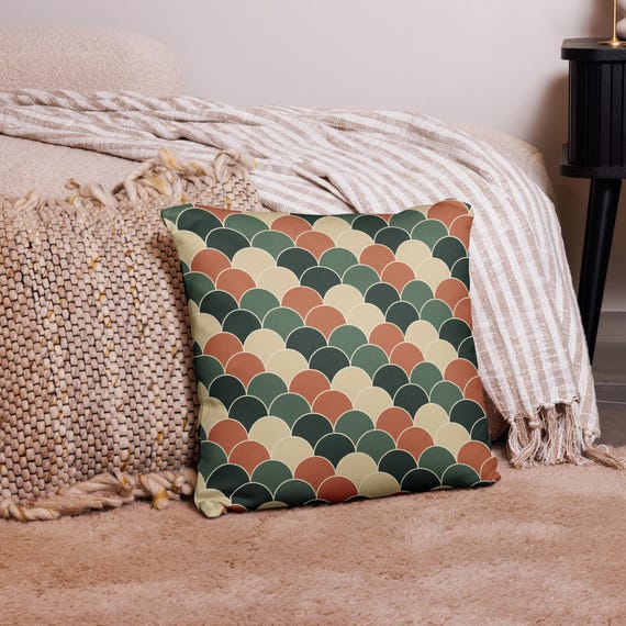 Scallop Pattern Throw Pillow, Green and Terracotta, 18 x 18 Inch Geometric Cushion