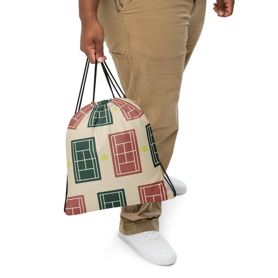 Tennis Court Pattern Drawstring Bag, Green Clay Gym Cinch Bag (15x17)