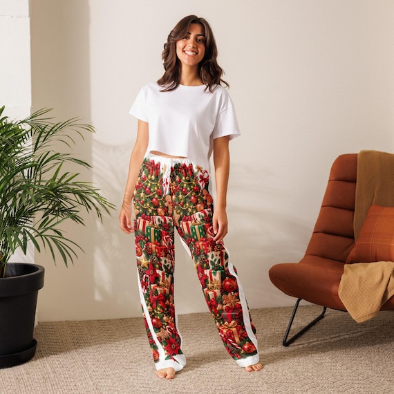 Festive Christmas Pajama Pants, Holiday Tree & Gifts Print, Cozy Lounge Wear