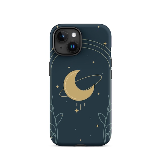 Midnight Blue Art Nouveau Moon Stars iPhone Case, Matte Tough Cover