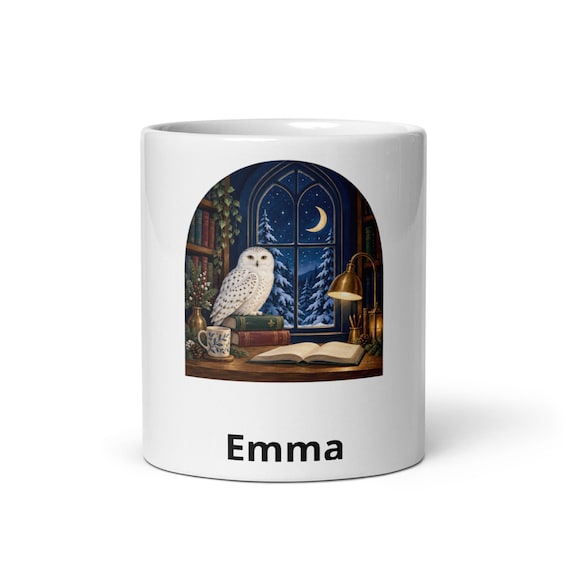 Personalized Owl Library Mug, Moonlit Reading Nook, Custom Name Ceramic Coffee Cup (11 oz)