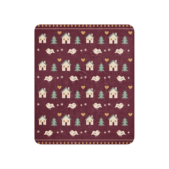 Scandinavian Winter Village Sherpa Throw, Burgundy Folk Art, Cozy Christmas Gift (50x60)