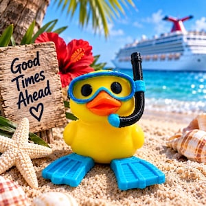 Puede incluir: Un pato de goma amarillo con gafas de natación azules y un tubo de buceo negro, con aletas azules en los pies. Junto a él hay un letrero de madera con el texto Good Times Ahead y un corazón, una estrella de mar y varias conchas marinas.