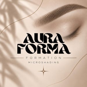 May include: A beige graphic design featuring a close-up of a groomed eyebrow and closed eyelid. The text reads AURA FORMA, FORMATION, and MICROSHADING in black lettering. A four-pointed star icon is centered below the text on a neutral background.