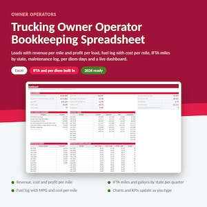 May include: A digital bookkeeping spreadsheet for trucking owner operators, featuring a dashboard with key performance indicators, monthly trends, and expense categories. The interface includes sections for revenue per mile, fuel logs, IFTA miles, and profit analysis, designed for Excel with 2026 readiness.