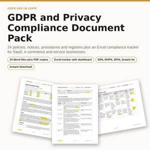 May include: A GDPR and Privacy Compliance Document Pack featuring 24 policies, notices, procedures, and registers, plus an Excel tracker. The text includes details on Word files, PDF copies, and a dashboard for SaaS and e-commerce businesses.
