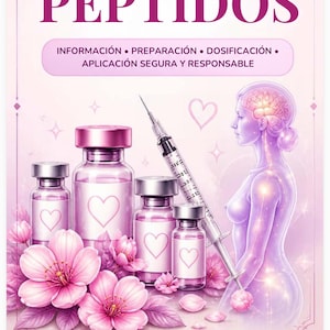Puede incluir: Una guía digital titulada GUÍA DE PÉPTIDOS que muestra cuatro viales de vidrio con iconos de corazón, una jeringa y la silueta translúcida de una persona. El diseño está decorado con flores de cerezo rosas y texto sobre preparación y dosis.