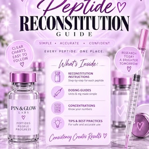 Könnte beinhalten: Ein lilafarbener Leitfaden zur Peptid-Rekonstitution von Pin & Glow Labs mit einer Glasampulle mit Metallkappe und einer Spritze. Der Text enthält 'What's Inside' mit Anweisungen, Dosierungshilfen, Konzentrationen und Tipps für Forschungszwecke.