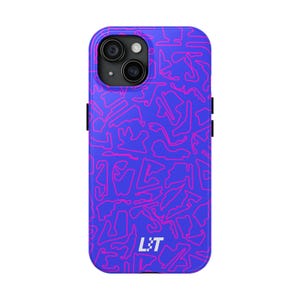 May include: A smartphone case featuring a vibrant blue background with a repeating pattern of pink racing circuit outlines. The bottom centre displays the white text "LIT" with a small checkered flag graphic integrated into the letter "I".