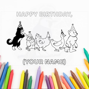 以下が含まれることがあります： HAPPY BIRTHDAY, (YOUR NAME)という文字と、パーティーハットをかぶった5匹の動物（猫、フクロウ、鶏、アヒル、熊）が並んだ長方形の塗り絵。動物は黒い輪郭線で描かれており、猫は黒く塗りつぶされています。