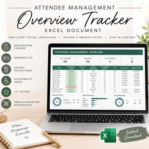 May include: An attendee management overview tracker Excel document displayed on a laptop screen. The spreadsheet includes columns for registration status, rooming list, dietary restrictions, accessibility needs, VIP status, and arrival and departure dates.