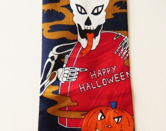 Halloween Necktie, Skeleton Skull Pumpkin Ghost Witch, Comic Cartoon Novelty Necktie, Happy Halloween