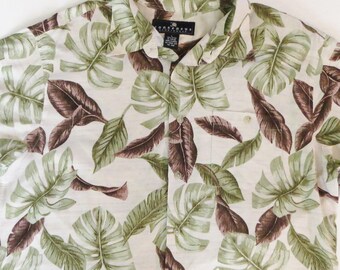 Rayon Hawaiian Shirt,  Green Brown White Tropical Leaf Print, Vintage 90s, Size large, aloha shirt