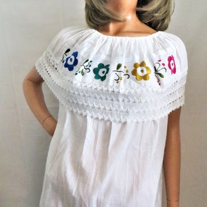 Mexican Embroidered Top Off Shoulder Peasant Blouse, White Crinkle Cotton, Multicolored Floral Embroidery, Wide Lace