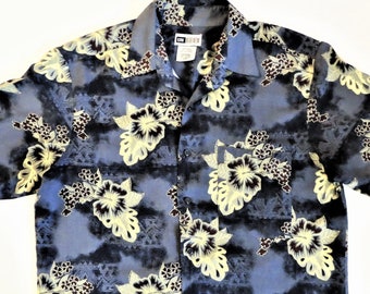 Rayon Hawaiian Shirt, Gray Blue Yellow Hibiscus Print, Tropical Print Aloha Shirt, Size Men's Medium, vintage 90s