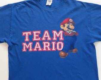 Team Mario Graphic T Shirt, Blue Cotton , size men's L, Chest 45 in, Mario Bros. Nintendo Gamer Tee Shirt, Unisex for Men or Women