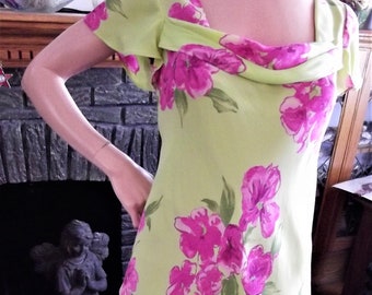 Deadstock 90s Silk Dress Donna Ricco New York, Green and Pink Floral Print Double Layer, Draped Bodice, Short Sleeves Summer Dress, Size 8