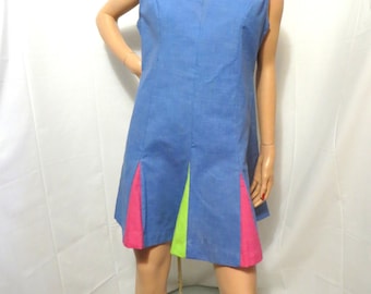 60s 70s Sleeveless Minidress, Loll Ease Casual Summer House Dress, Blue with Bright Color Insets at Hem. Size Large Volup Alert