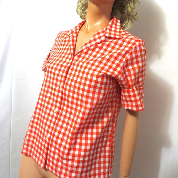60s Red Check Blouse Sears Perma Prest Red White Gingham, Short Sleeve Top, Big Turned Up Cuffs, Size medium