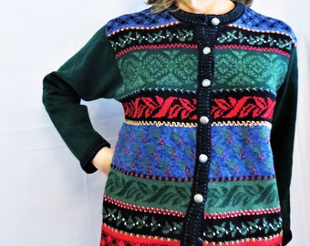 Christmas Fair Isle Cardigan Sweater, Green Red Blue Black Intarsia Knit Embroidered Details, Ramie Cotton Vintage 90 Talbot's , size medium