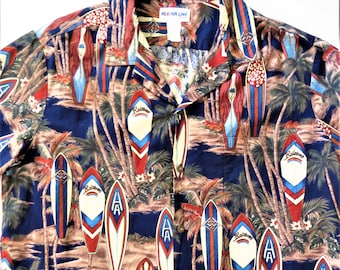 Hawaiian Shirt Cotton Surf Board Print Made in Hawaii, Aloha Line, SurfBoards, Palm Trees, Casual Tropical Aloha Shirt, Size XL