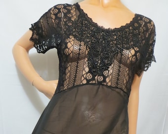 Black Sheer Lacy Top or Babydoll Pajama Top, vintage 90s Nylon Pullover Blouse, size Small