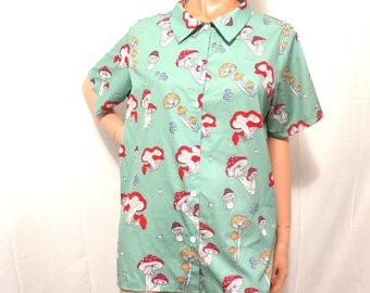 Mushroom Print Blouse Button Up Short Sleeve Top, Light Green Red Gold White Silky Polyester Volup Shirt, Size Large or XL