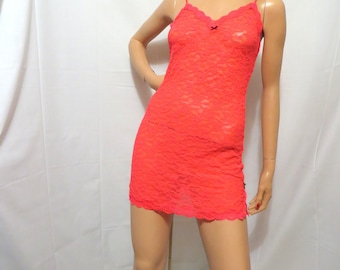 Victoria's Secret Coral Lace Mini Slip: Sheer Nylon with Black Bows, Size Small/Medium