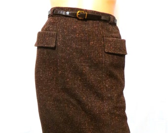 40s 50s Wool Tweed Skirt, Brown with Orange, Back Metal Zipper Waistband Slim Skirt, Flap Pockets, Skinny Belt, size S or XS Waist 25 inches