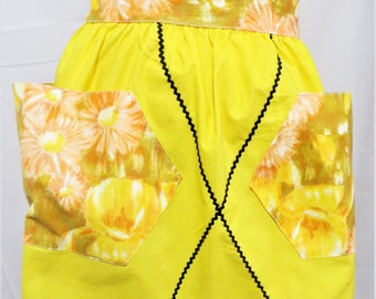 Vintage Yellow Apron, Big  Orange Flower Pockets, Black Rick Rack, Rockabilly 50s Handmade Half Apron