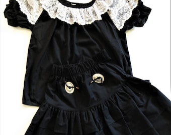 SouthWestern Concho Skirt and Top Black with White Lace Square Dance Outfit, Tiered Skirt Blouse, Saisa Size Small Cowgirl Rodeo Line Dance