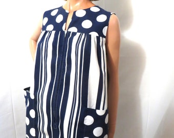 60s 70s Zip Front House Dress, Cotton Navy Blue White Polka Dots Stripes, Metal Zipper, Big Patch Pockets, Full House Coat, Size Large Volup