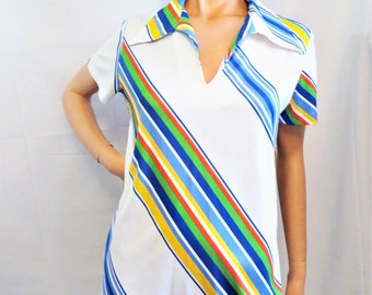 70s Striped Knit Top, Leo Paley, Blue White Red Yellow Green, Short Sleeve Polyester Pullover Blouse, Pointed Flare Collar, size large