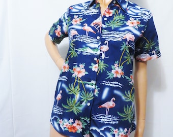 Women's Hawaiian Shirt, Navy Blue Pink Flamingo Hibiscus Print Polyester Aloha Top, Size Medium Blouse,