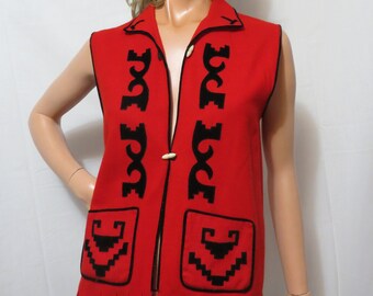 Southwestern Red Wool Vest with Black Velveteen Appliques, Unfitted Casual Style, Size Small Medium