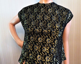 60s Black and Gold Brocade Top, Back Button Short Sleeve Evening Top, Lined , size medium, Vintage size 14 34,