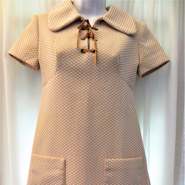 Vintage 60s Mini Dress, Mod Carnaby Street Tan White Polyester Knit, Lace Up Flare Collar, A Line Summer Dress, Metal Zipper, size XXS or XS