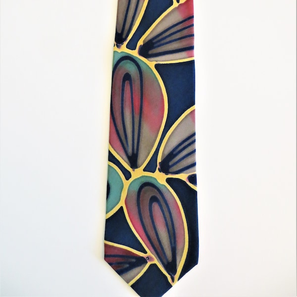 Handpainted Silk Necktie, Robert Daskal, Signed Gloria Chah, Navy Blue Red Gold Abstract