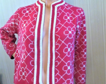 60s 70s Open Cardigan Sweater, Hot Pink White Fuchsia Jacquard Weave, Jane Adams Original, Orlon Sweater, vintage size Medium