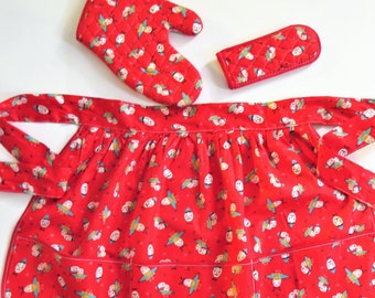 50s Red Print Apron and Oven Mitt, Mid Century Mitt Pan Holder, Retro Kitchen Accessories, Rockabilly Apron, gift for cook