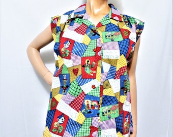 Cottagecore Top, 70s Sleeveless Blouse, Gathered Yoke, Patchwork Print, Bright Colors, Grannycore Medium Large Summer Top